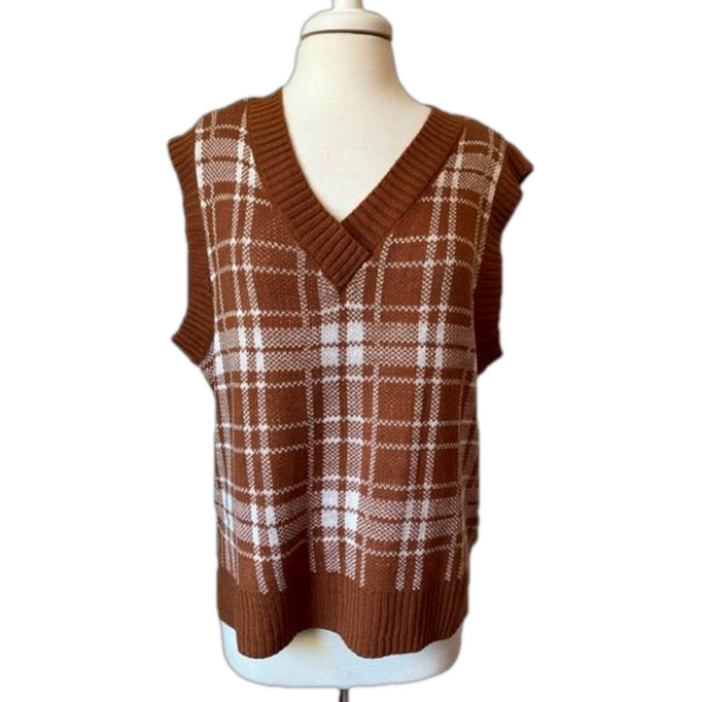 No Comment NY-LA Women's L Preppy Academia Fall Plaid Sleeveless Sweater‎ Vest